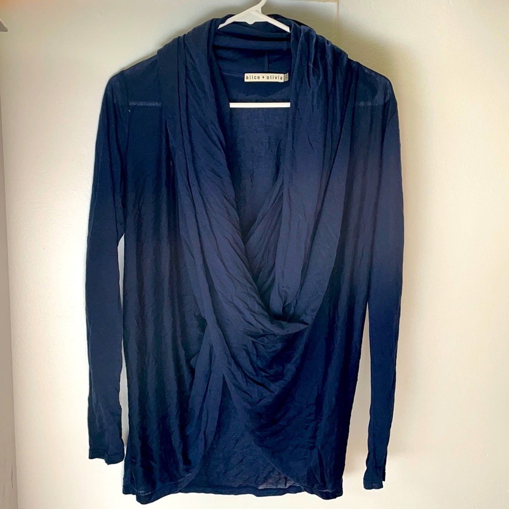 Alice + Olivia Navy Wrap Neck Blouse - Picture 1 of 5